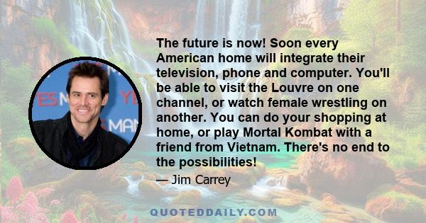 The future is now! Soon every American home will integrate their television, phone and computer. You'll be able to visit the Louvre on one channel, or watch female wrestling on another. You can do your shopping at home,