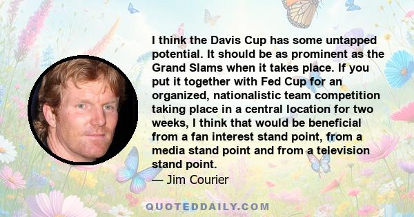 I think the Davis Cup has some untapped potential. It should be as prominent as the Grand Slams when it takes place. If you put it together with Fed Cup for an organized, nationalistic team competition taking place in a
