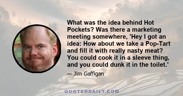 What was the idea behind Hot Pockets? Was there a marketing meeting somewhere, 'Hey I got an idea: How about we take a Pop-Tart and fill it with really nasty meat? You could cook it in a sleeve thing, and you could dunk