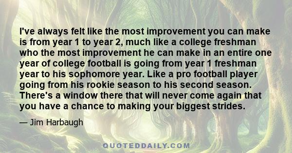 I've always felt like the most improvement you can make is from year 1 to year 2, much like a college freshman who the most improvement he can make in an entire one year of college football is going from year 1 freshman