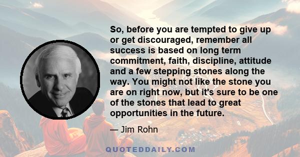 So, before you are tempted to give up or get discouraged, remember all success is based on long term commitment, faith, discipline, attitude and a few stepping stones along the way. You might not like the stone you are
