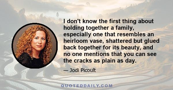 I don't know the first thing about holding together a family, especially one that resembles an heirloom vase, shattered but glued back together for its beauty, and no one mentions that you can see the cracks as plain as