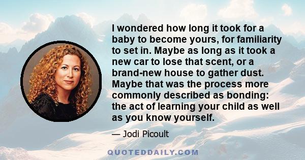 I wondered how long it took for a baby to become yours, for familiarity to set in. Maybe as long as it took a new car to lose that scent, or a brand-new house to gather dust. Maybe that was the process more commonly