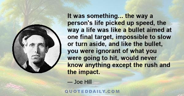 It was something... the way a person's life picked up speed, the way a life was like a bullet aimed at one final target, impossible to slow or turn aside, and like the bullet, you were ignorant of what you were going to