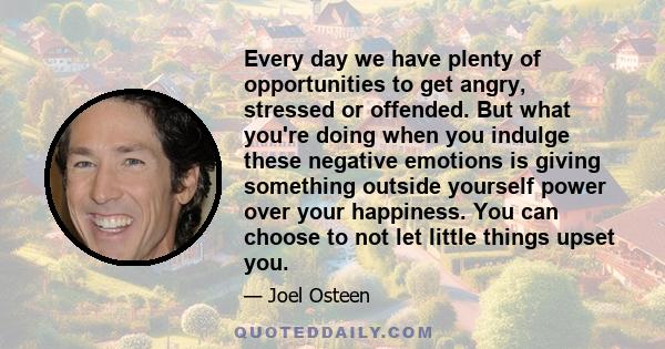 Every day we have plenty of opportunities to get angry, stressed or offended. But what you're doing when you indulge these negative emotions is giving something outside yourself power over your happiness. You can choose