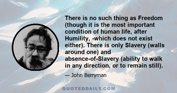 There is no such thing as Freedom (though it is the most important condition of human life, after Humility, -which does not exist either). There is only Slavery (walls around one) and absence-of-Slavery (ability to walk