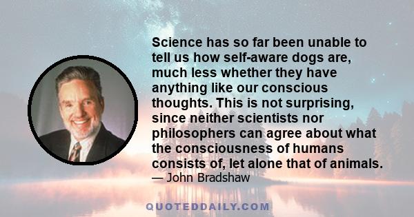 Science has so far been unable to tell us how self-aware dogs are, much less whether they have anything like our conscious thoughts. This is not surprising, since neither scientists nor philosophers can agree about what