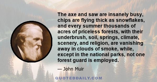 The axe and saw are insanely busy, chips are flying thick as snowflakes, and every summer thousands of acres of priceless forests, with their underbrush, soil, springs, climate, scenery, and religion, are vanishing away