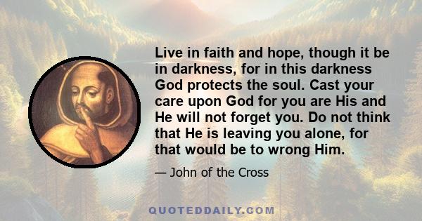 Live in faith and hope, though it be in darkness, for in this darkness God protects the soul. Cast your care upon God for you are His and He will not forget you. Do not think that He is leaving you alone, for that would