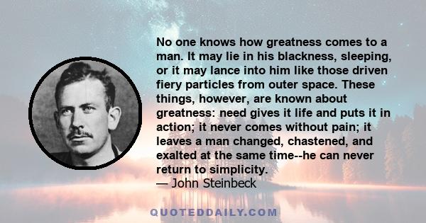 No one knows how greatness comes to a man. It may lie in his blackness, sleeping, or it may lance into him like those driven fiery particles from outer space. These things, however, are known about greatness: need gives