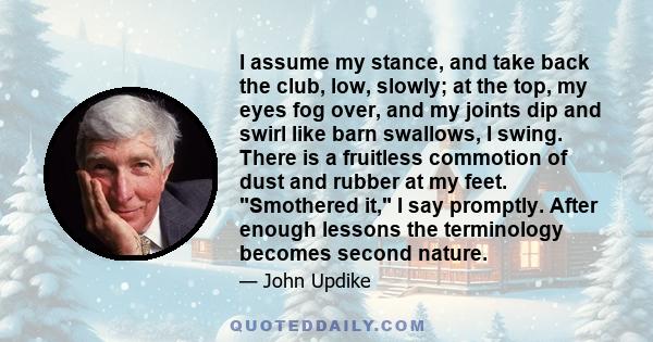 I assume my stance, and take back the club, low, slowly; at the top, my eyes fog over, and my joints dip and swirl like barn swallows, I swing. There is a fruitless commotion of dust and rubber at my feet. Smothered it,