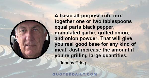 A basic all-purpose rub: mix together one or two tablespoons equal parts black pepper, granulated garlic, grilled onion, and onion powder. That will give you real good base for any kind of meat. Just increase the amount