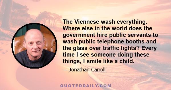 The Viennese wash everything. Where else in the world does the government hire public servants to wash public telephone booths and the glass over traffic lights? Every time I see someone doing these things, I smile like