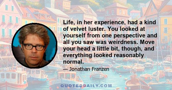 Life, in her experience, had a kind of velvet luster. You looked at yourself from one perspective and all you saw was weirdness. Move your head a little bit, though, and everything looked reasonably normal.