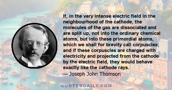 If, in the very intense electric field in the neighbourhood of the cathode, the molecules of the gas are dissociated and are split up, not into the ordinary chemical atoms, but into these primordial atoms, which we