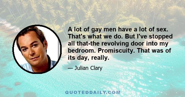 A lot of gay men have a lot of sex. That's what we do. But I've stopped all that-the revolving door into my bedroom. Promiscuity. That was of its day, really.
