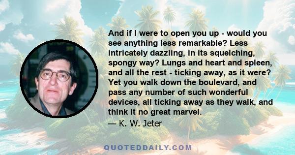And if I were to open you up - would you see anything less remarkable? Less intricately dazzling, in its squelching, spongy way? Lungs and heart and spleen, and all the rest - ticking away, as it were? Yet you walk down