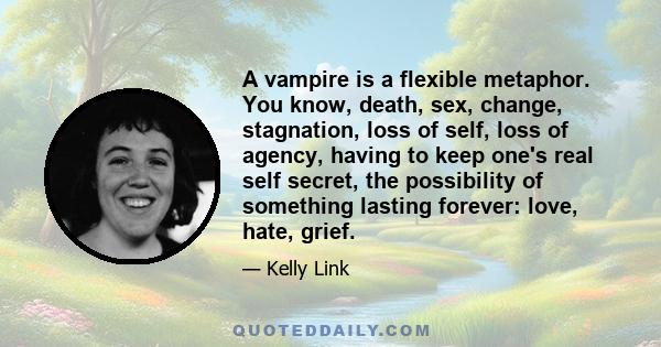 A vampire is a flexible metaphor. You know, death, sex, change, stagnation, loss of self, loss of agency, having to keep one's real self secret, the possibility of something lasting forever: love, hate, grief.