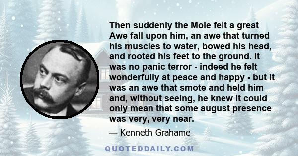 Then suddenly the Mole felt a great Awe fall upon him, an awe that turned his muscles to water, bowed his head, and rooted his feet to the ground. It was no panic terror - indeed he felt wonderfully at peace and happy -