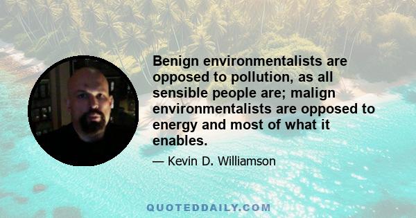 Benign environmentalists are opposed to pollution, as all sensible people are; malign environmentalists are opposed to energy and most of what it enables.