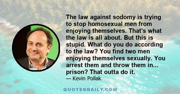 The law against sodomy is trying to stop homosexual men from enjoying themselves. That's what the law is all about. But this is stupid. What do you do according to the law? You find two men enjoying themselves sexually.