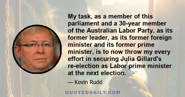 My task, as a member of this parliament and a 30-year member of the Australian Labor Party, as its former leader, as its former foreign minister and its former prime minister, is to now throw my every effort in securing