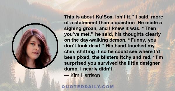 This is about Ku’Sox, isn’t it,” I said, more of a statement than a question. He made a sighing groan, and I knew it was. “Then you’ve met,” he said, his thoughts clearly on the day-walking demon. “Funny, you don’t look