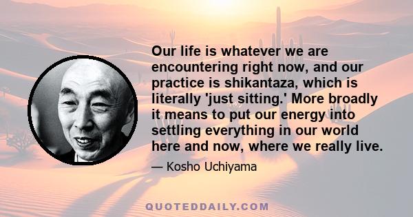 Our life is whatever we are encountering right now, and our practice is shikantaza, which is literally 'just sitting.' More broadly it means to put our energy into settling everything in our world here and now, where we