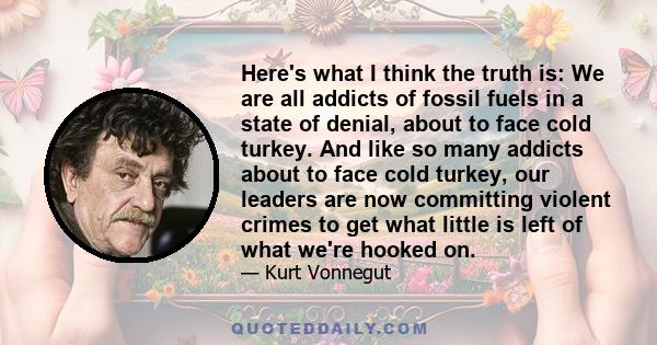 Here's what I think the truth is: We are all addicts of fossil fuels in a state of denial, about to face cold turkey. And like so many addicts about to face cold turkey, our leaders are now committing violent crimes to