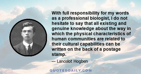 With full responsibility for my words as a professional biologist, I do not hesitate to say that all existing and genuine knowledge about the way in which the physical characteristics of human communities are related to