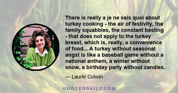 There is really a je ne sais quoi about turkey cooking - the air of festivity, the family squabbles, the constant basting - that does not apply to the turkey breast, which is, really, a convenience of food... A turkey