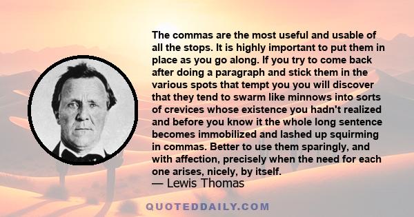 The commas are the most useful and usable of all the stops. It is highly important to put them in place as you go along. If you try to come back after doing a paragraph and stick them in the various spots that tempt you