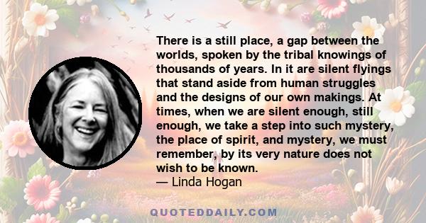 There is a still place, a gap between the worlds, spoken by the tribal knowings of thousands of years. In it are silent flyings that stand aside from human struggles and the designs of our own makings. At times, when we