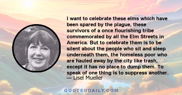 I want to celebrate these elms which have been spared by the plague, these survivors of a once flourishing tribe commemorated by all the Elm Streets in America. But to celebrate them is to be silent about the people who