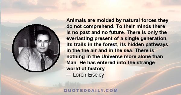 Animals are molded by natural forces they do not comprehend. To their minds there is no past and no future. There is only the everlasting present of a single generation, its trails in the forest, its hidden pathways in