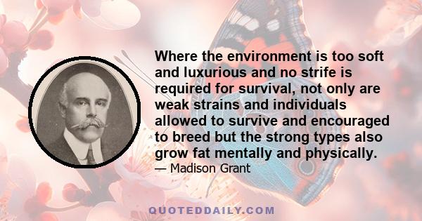 Where the environment is too soft and luxurious and no strife is required for survival, not only are weak strains and individuals allowed to survive and encouraged to breed but the strong types also grow fat mentally
