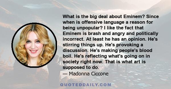 What is the big deal about Eminem? Since when is offensive language a reason for being unpopular? I like the fact that Eminem is brash and angry and politically incorrect. At least he has an opinion. He's stirring