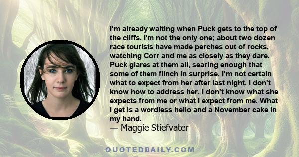 I'm already waiting when Puck gets to the top of the cliffs. I'm not the only one; about two dozen race tourists have made perches out of rocks, watching Corr and me as closely as they dare. Puck glares at them all,