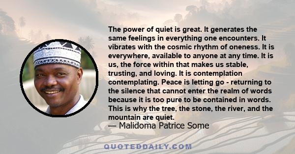 The power of quiet is great. It generates the same feelings in everything one encounters. It vibrates with the cosmic rhythm of oneness. It is everywhere, available to anyone at any time. It is us, the force within that