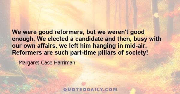 We were good reformers, but we weren't good enough. We elected a candidate and then, busy with our own affairs, we left him hanging in mid-air. Reformers are such part-time pillars of society!