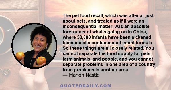 The pet food recall, which was after all just about pets, and treated as if it were an inconsequential matter, was an absolute forerunner of what's going on in China, where 50,000 infants have been sickened because of a