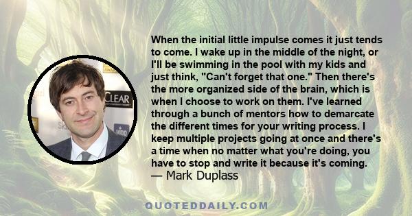 When the initial little impulse comes it just tends to come. I wake up in the middle of the night, or I'll be swimming in the pool with my kids and just think, Can't forget that one. Then there's the more organized side