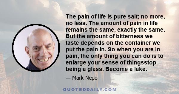 The pain of life is pure salt; no more, no less. The amount of pain in life remains the same, exactly the same. But the amount of bitterness we taste depends on the container we put the pain in. So when you are in pain,