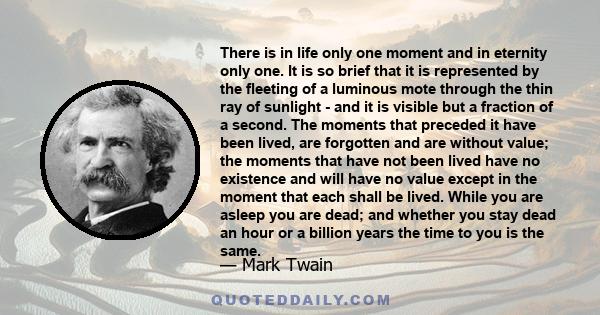There is in life only one moment and in eternity only one. It is so brief that it is represented by the fleeting of a luminous mote through the thin ray of sunlight - and it is visible but a fraction of a second. The
