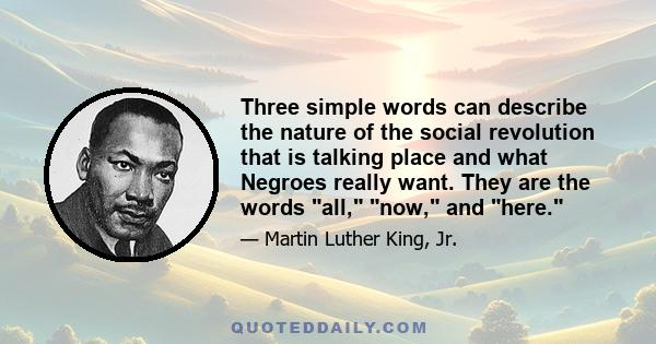Three simple words can describe the nature of the social revolution that is talking place and what Negroes really want. They are the words all, now, and here.