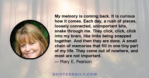 My memory is coming back. It is curious how it comes. Each day, a rush of pieces, loosely connected, unimportant bits, snake through me. They click, click, click into my brain, like links being snapped together. And