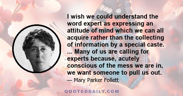 I wish we could understand the word expert as expressing an attitude of mind which we can all acquire rather than the collecting of information by a special caste. ... Many of us are calling for experts because, acutely