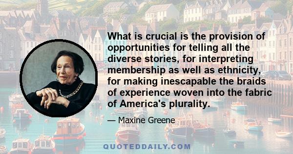 What is crucial is the provision of opportunities for telling all the diverse stories, for interpreting membership as well as ethnicity, for making inescapable the braids of experience woven into the fabric of America's
