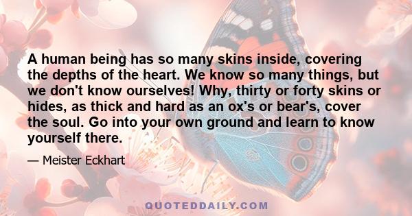 A human being has so many skins inside, covering the depths of the heart. We know so many things, but we don't know ourselves! Why, thirty or forty skins or hides, as thick and hard as an ox's or bear's, cover the soul.