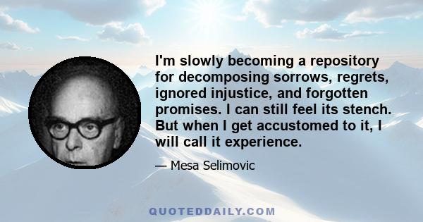 I'm slowly becoming a repository for decomposing sorrows, regrets, ignored injustice, and forgotten promises. I can still feel its stench. But when I get accustomed to it, I will call it experience.